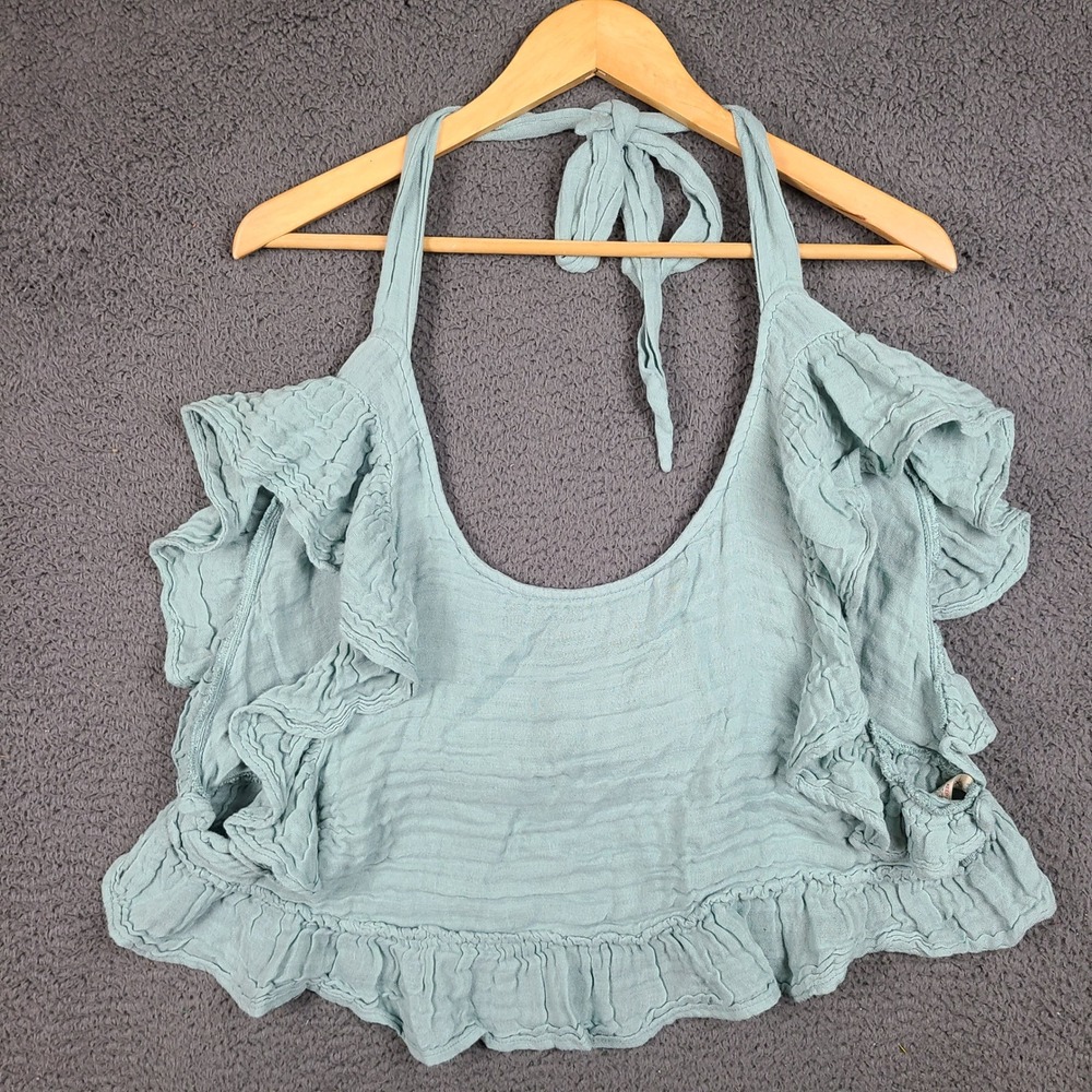 Free People Intimately Ruffle Gauze Halter Top Sage Green Boho Crop Small